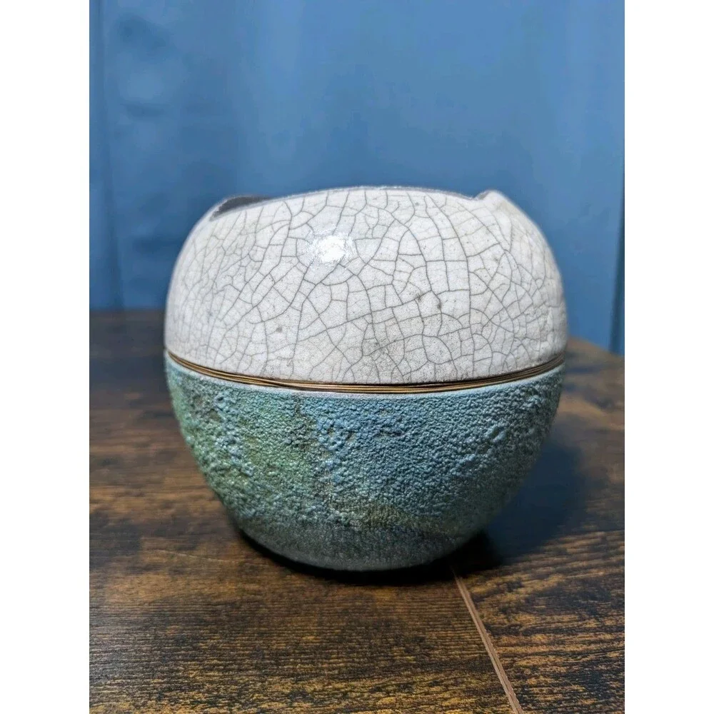 Raku Pottery Round Vase Turquoise Textured Bottom Artist Signed 80s Vintage